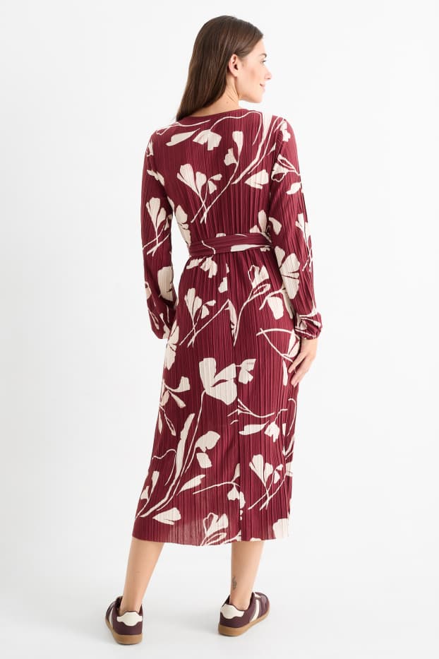 Women - Pleated wrap dress with belt - floral - bordeaux