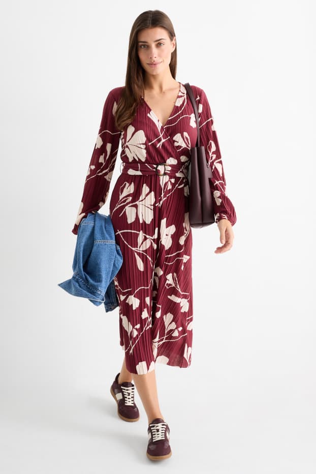 Women - Pleated wrap dress with belt - floral - bordeaux