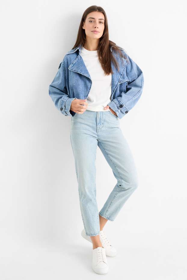Women - Mom jeans with rhinestones - high waist - denim-light blue