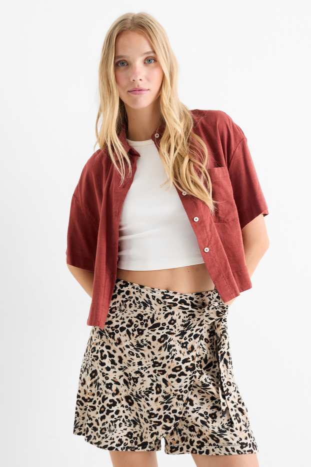 Damen - Skort mit Leinen-Anteil - Leo-Print - schwarz / beige