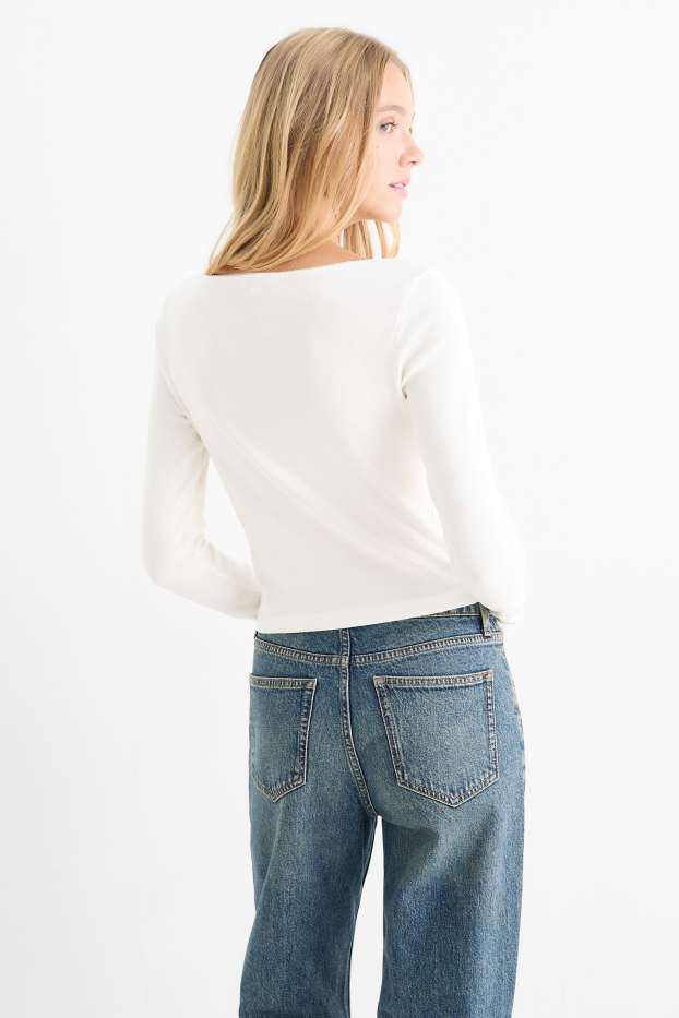 Femei - Tricou crop cu mânecă lungă - reiat - alb