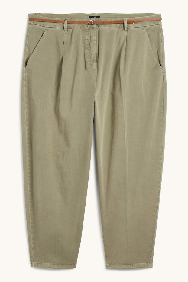 Damen - Stoffhose mit Gürtel - High Waist - Barrel Leg - khaki