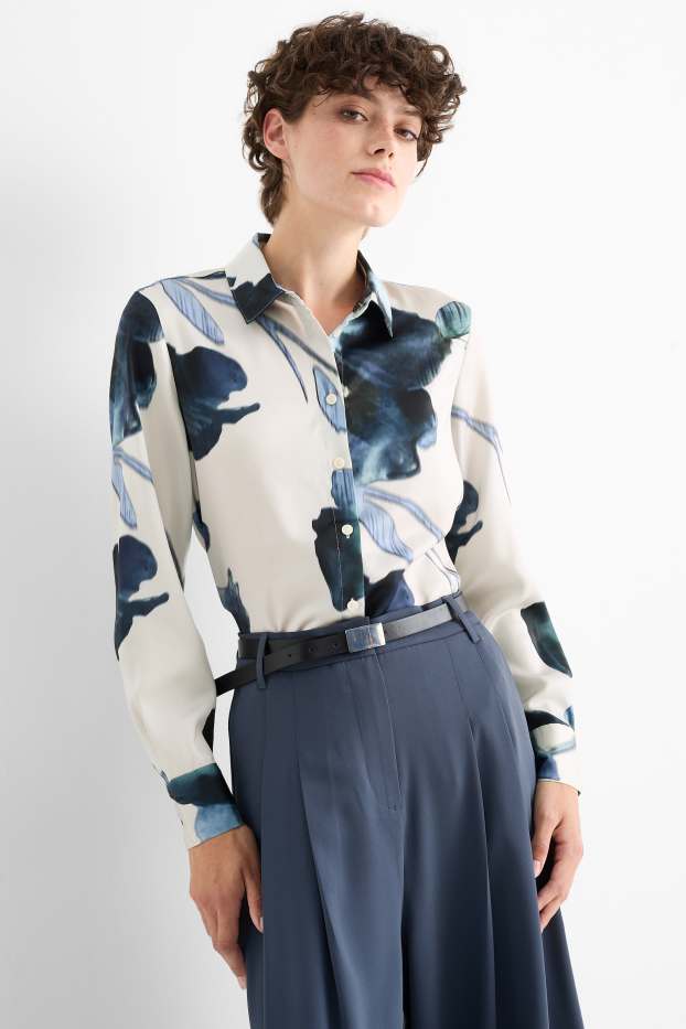 Women - Satin blouse - floral - light beige