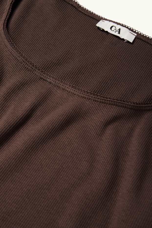 Femmes - Haut court à manches longues - finition côtelée - marron foncé