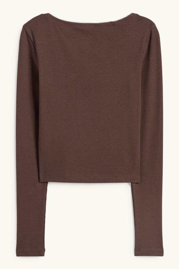 Femmes - Haut court à manches longues - finition côtelée - marron foncé