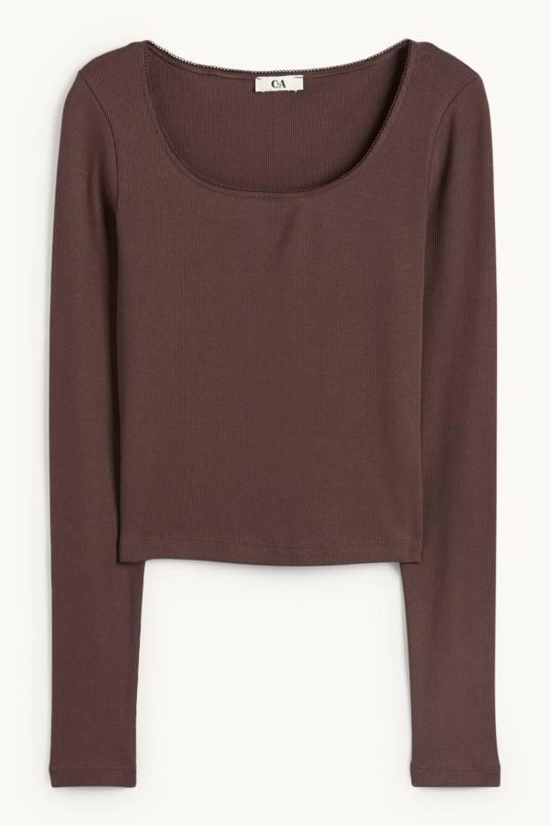 Femmes - Haut court à manches longues - finition côtelée - marron foncé