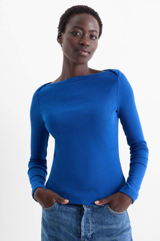 Femmes - Haut à manches longues - slim fit - finition côtelée - bleu