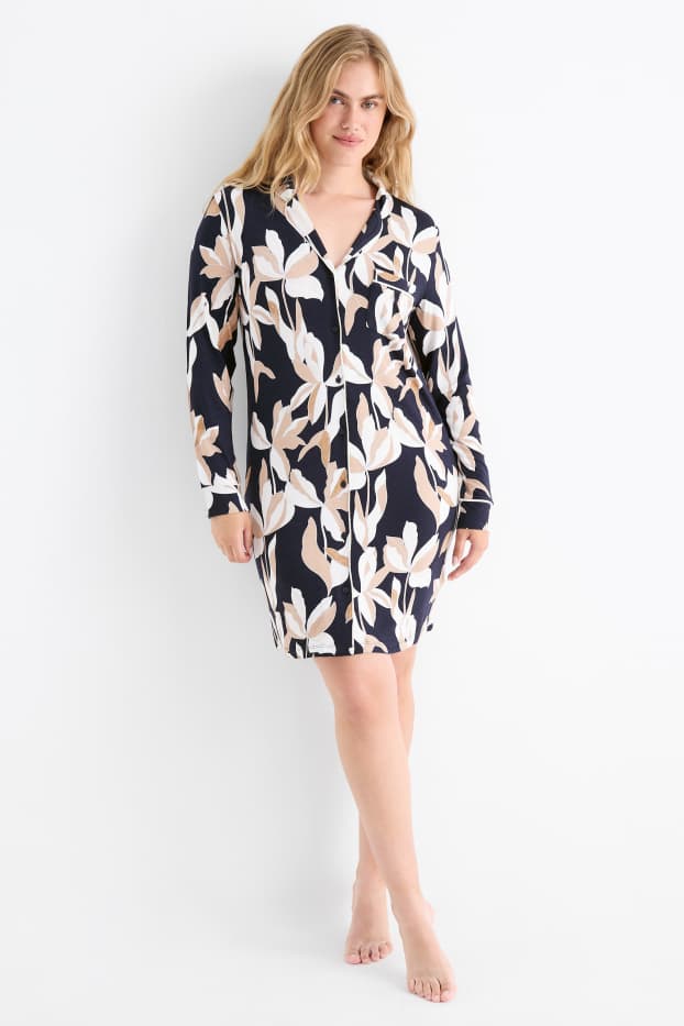 Dámské - Viskózová noční košile - s květinovým vzorem - tmavomodrá