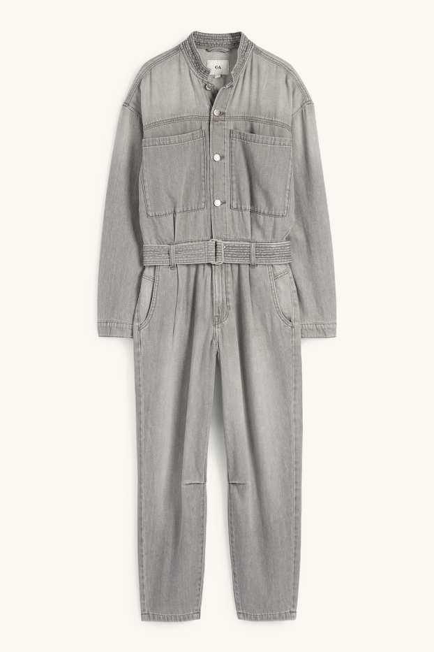 Damen - Jeans-Jumpsuit mit Gürtel - helljeansgrau