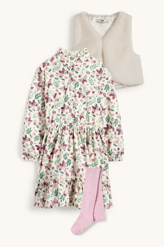 Children Girls - Set - dress, faux fur waistcoat and tights - 3 piece - violet