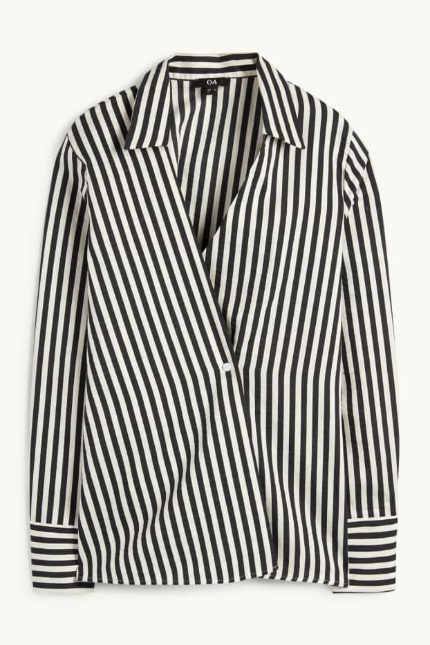 Femmes - Chemisier en lin mélangé à col V - à rayures - noir / blanc