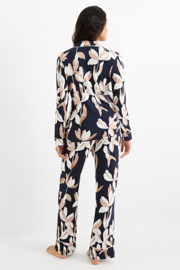 Damen - Viskose-Pyjama - geblümt - dunkelblau