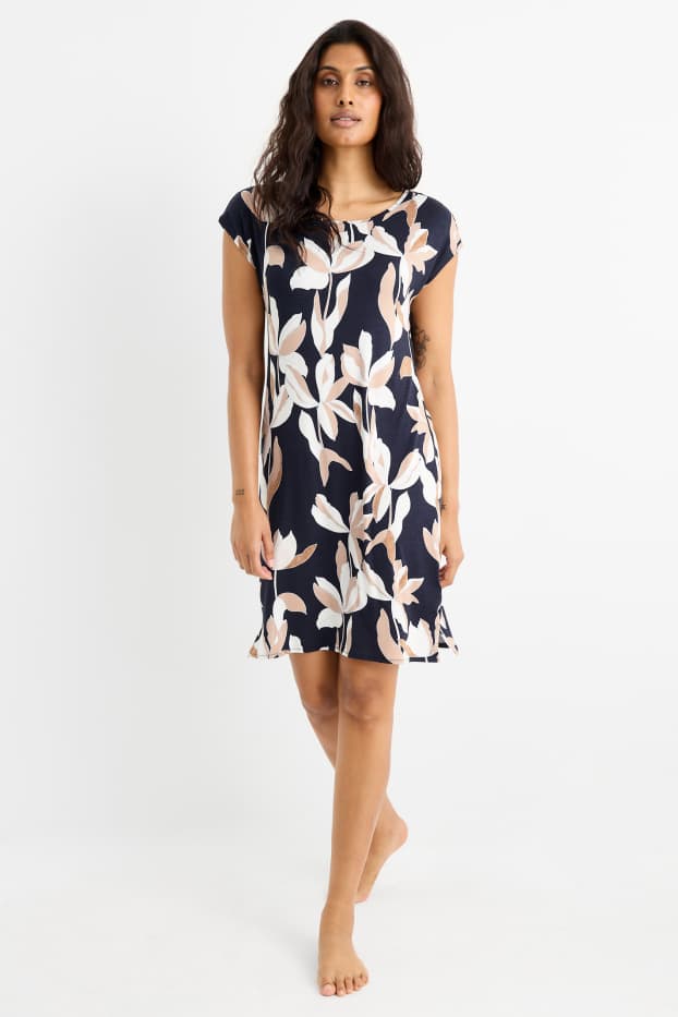 Dames - Nachthemd - gebloemd - donkerblauw