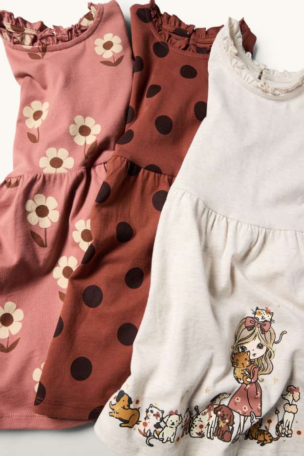 Enfants filles - Lot de 3 - fleur, chien et chat - robe - rose / beige
