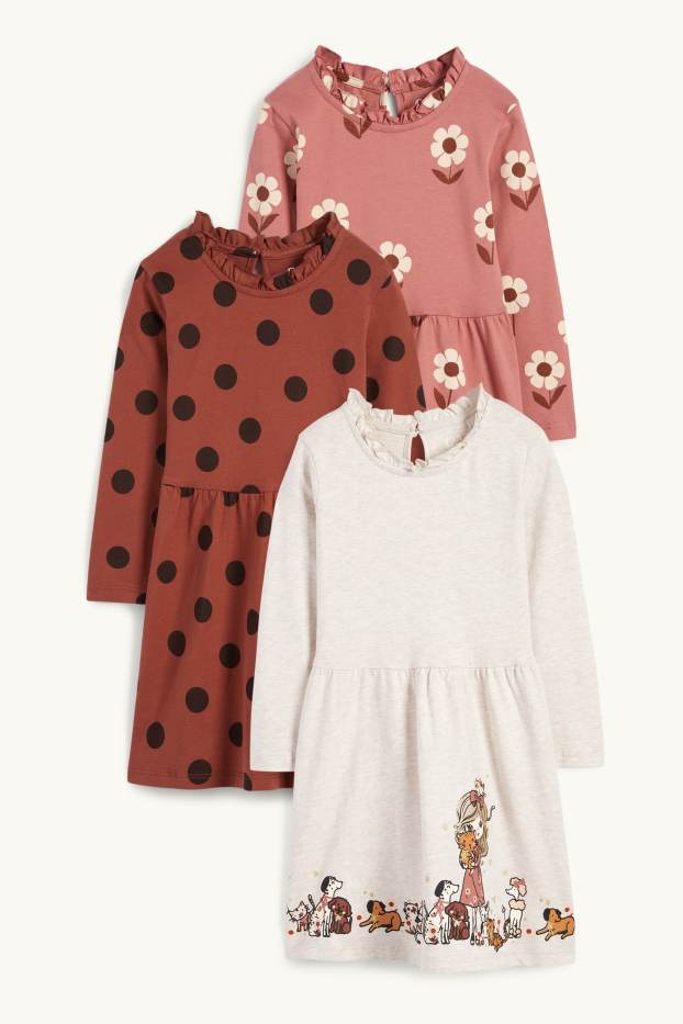 Enfants filles - Lot de 3 - fleur, chien et chat - robe - rose / beige