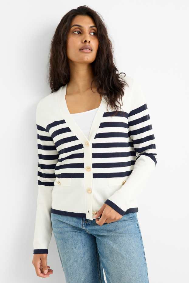 Femei - Cardigan tricotat - cu dungi - alb / albastru