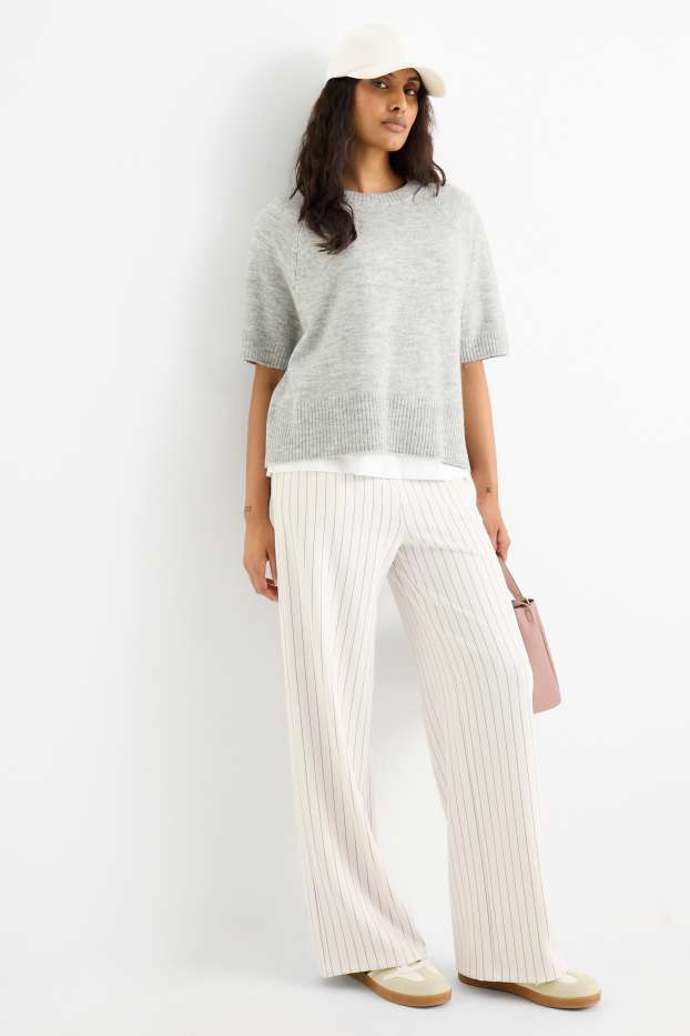 Dames - Broek van jersey - mid waist - straight fit - met strepen - crème wit