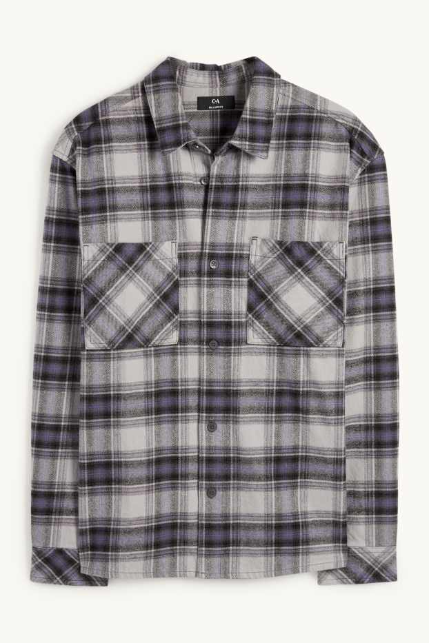 Hommes - Chemise en flanelle - relaxed fit - col kent - à carreaux - gris clair