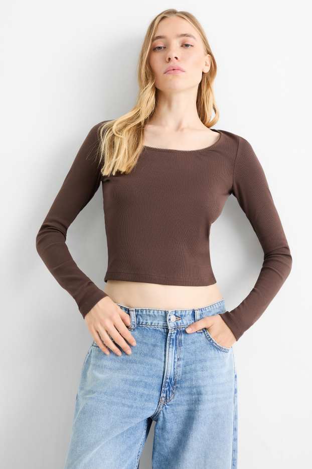 Femmes - Haut court à manches longues - finition côtelée - marron foncé