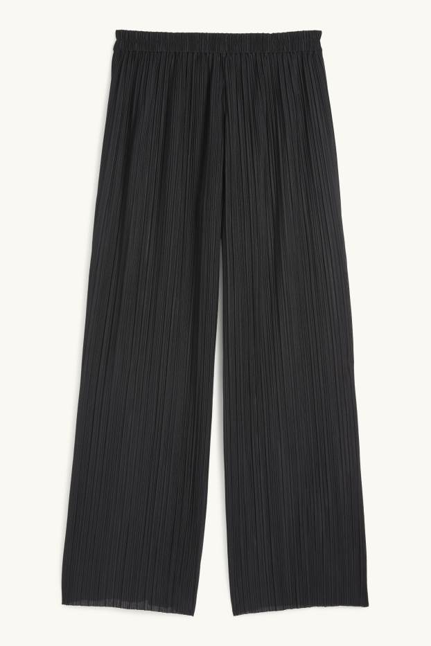 Women - Plissé trousers - high-rise waist - wide leg - black
