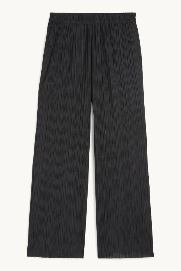Women - Plissé trousers - high-rise waist - wide leg - black