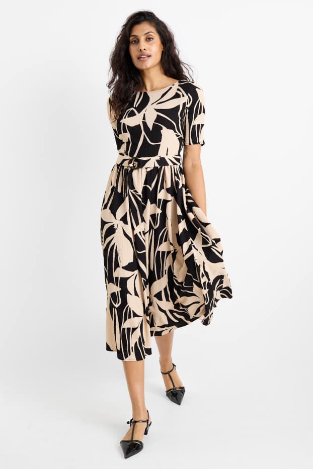 Women - Fit & flare dress with belt - floral - textured - black / beige