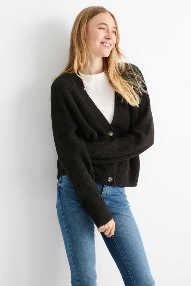 Damen - Strickjacke - gerippt - schwarz