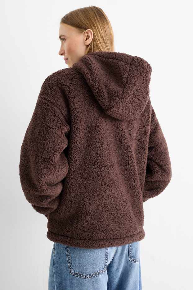 Femmes - Veste en peluche à capuche - marron foncé