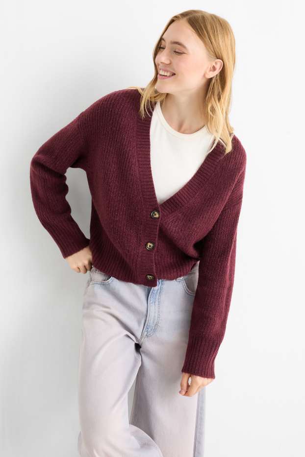 Damen - Strickjacke - gerippt - bordeaux