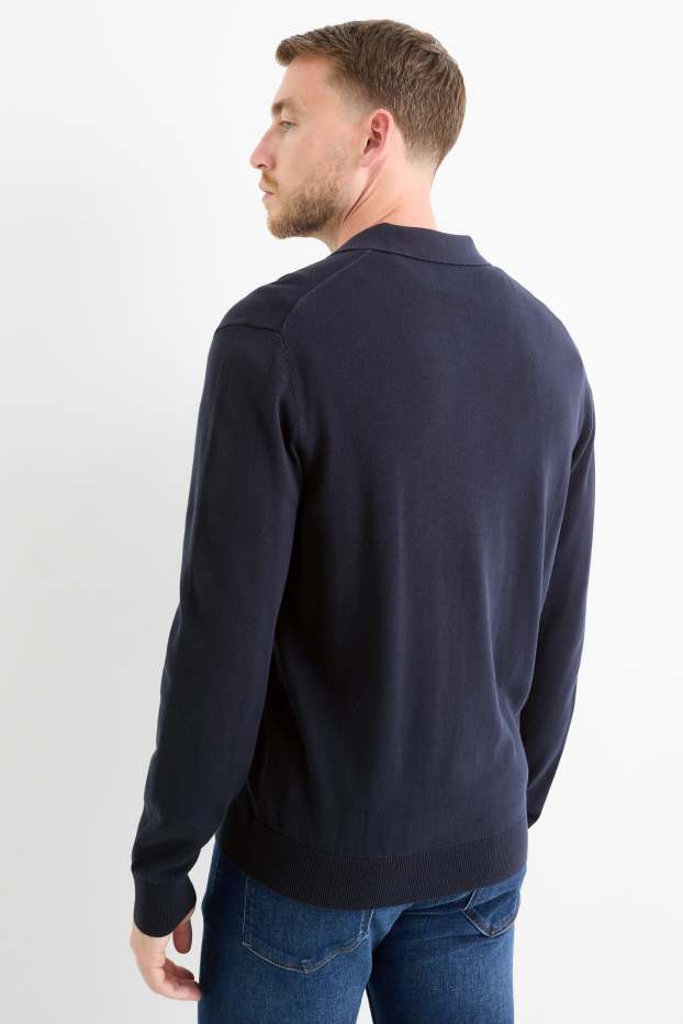Hommes - Polo à manches longues - brodé - bleu foncé