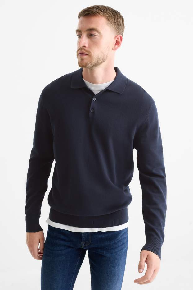 Hommes - Polo à manches longues - brodé - bleu foncé