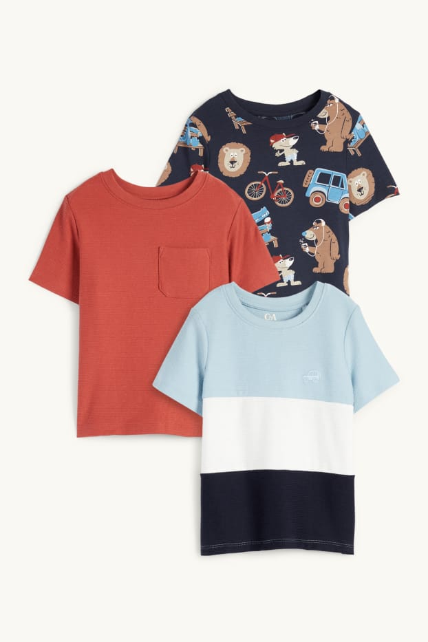 Enfants garçons - Lot de 3 - animaux sauvages et tout-terrain - T-shirts - rouge / bleu