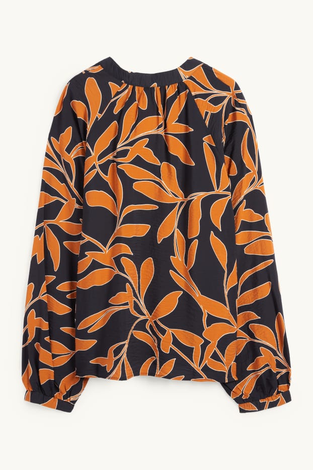 Dames - Blouse met V-hals - gebloemd - oranje / zwart