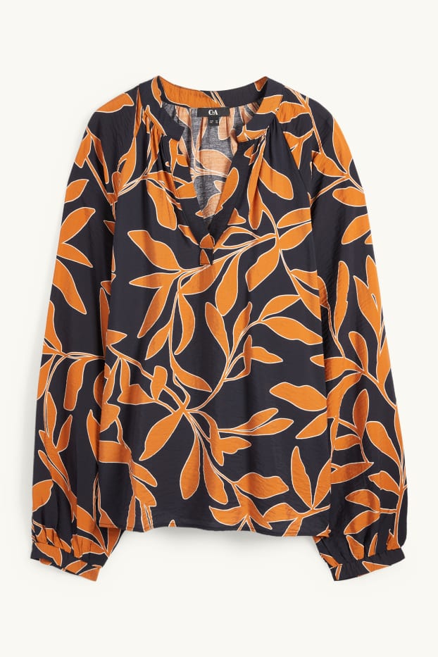 Dames - Blouse met V-hals - gebloemd - oranje / zwart
