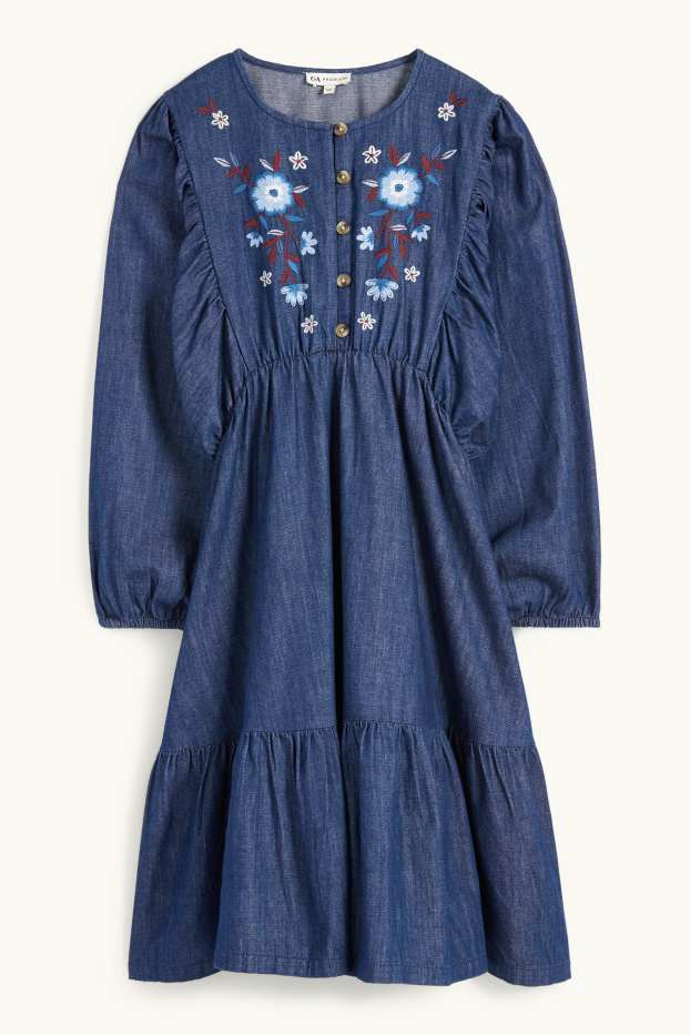 Children Girls - Floral - denim dress - dark blue