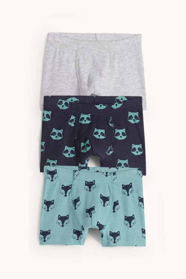 Kinder Buben - Multipack 3er - Fuchs und Waschbär - Boxershorts - gerippt - dunkelblau