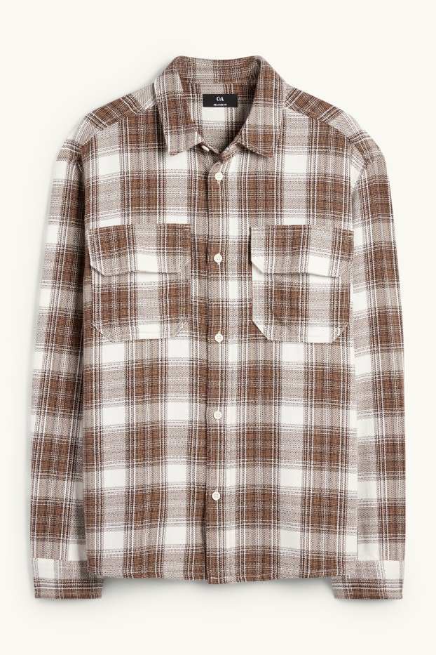 Hommes - Chemise en flanelle - relaxed fit - col kent - à carreaux - beige / marron