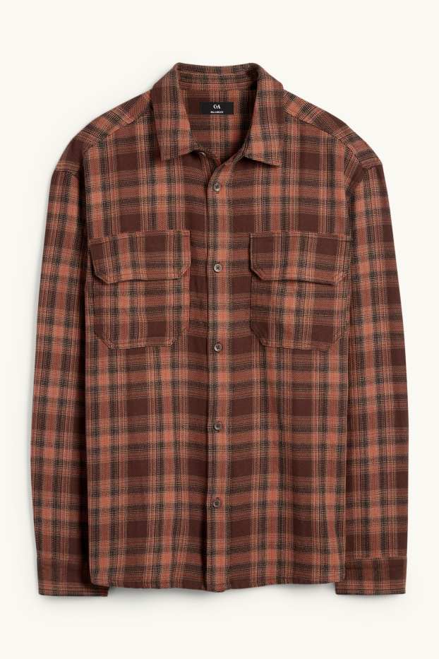 Hommes - Chemise en flanelle - relaxed fit - col kent - à carreaux - marron foncé