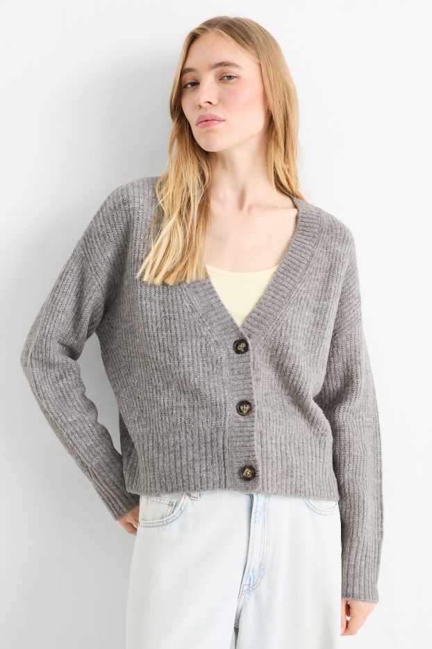 Women - Cardigan - ribbed - gray-melange