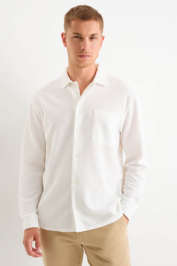 Home - Camisa de punt de mitja - loose fit - coll solapa - acanalada - blanc trencat