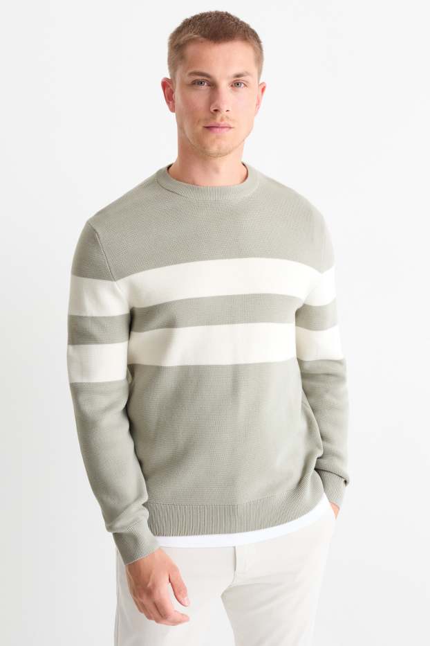Men - Jumper - striped - textured - mint green