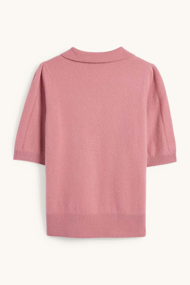 Dámské - Pletený kašmírový svetr - s krátkým rukávem - růžová