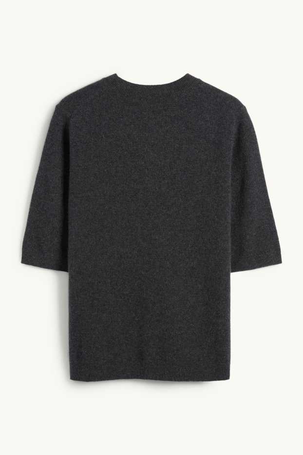 Dámské - Pletený kašmírový svetr - s krátkým rukávem - tmavošedá