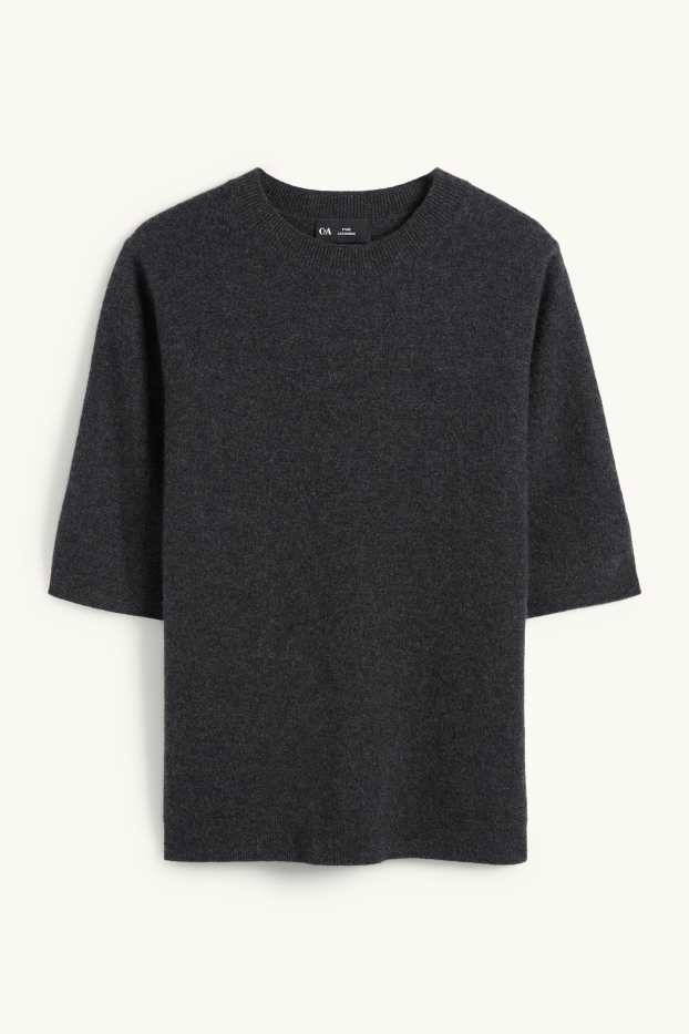 Dámské - Pletený kašmírový svetr - s krátkým rukávem - tmavošedá