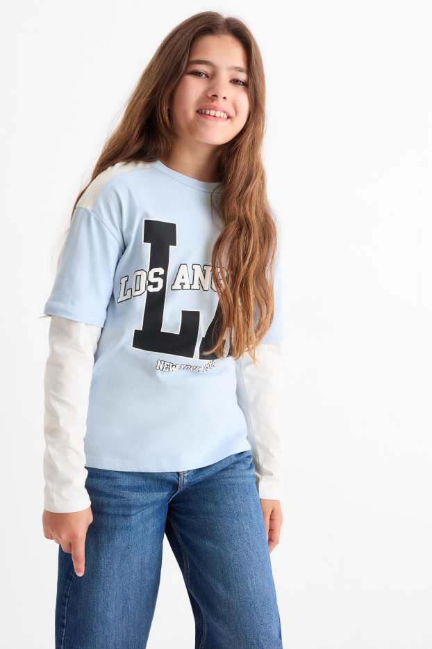 Enfants filles - Los Angeles - haut à manches longues - look 2-en-1 - bleu clair