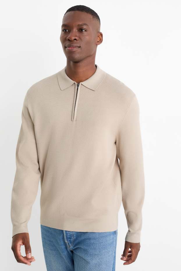 Uomo - Polo a maniche lunghe - lavorata a maglia - beige