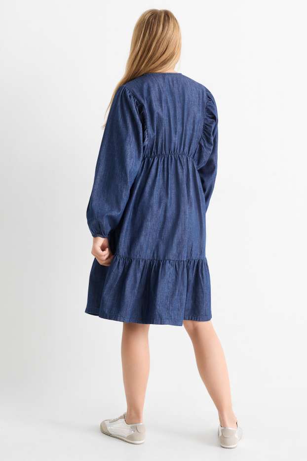 Children Girls - Floral - denim dress - dark blue