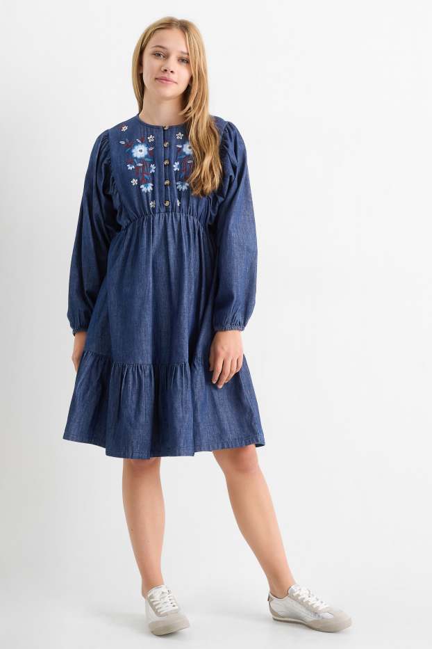 Children Girls - Floral - denim dress - dark blue