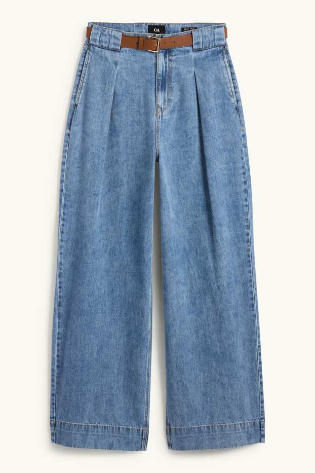 Women - Wide leg jeans with belt - mid-rise waist - denim-light blue