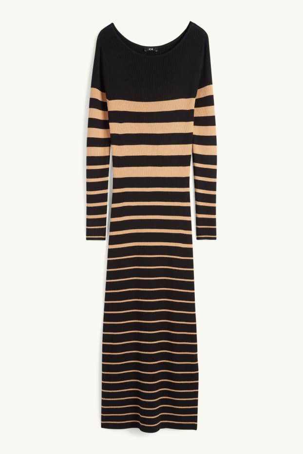 Femmes - Robe en maille - finition côtelée - à rayures - noir / beige